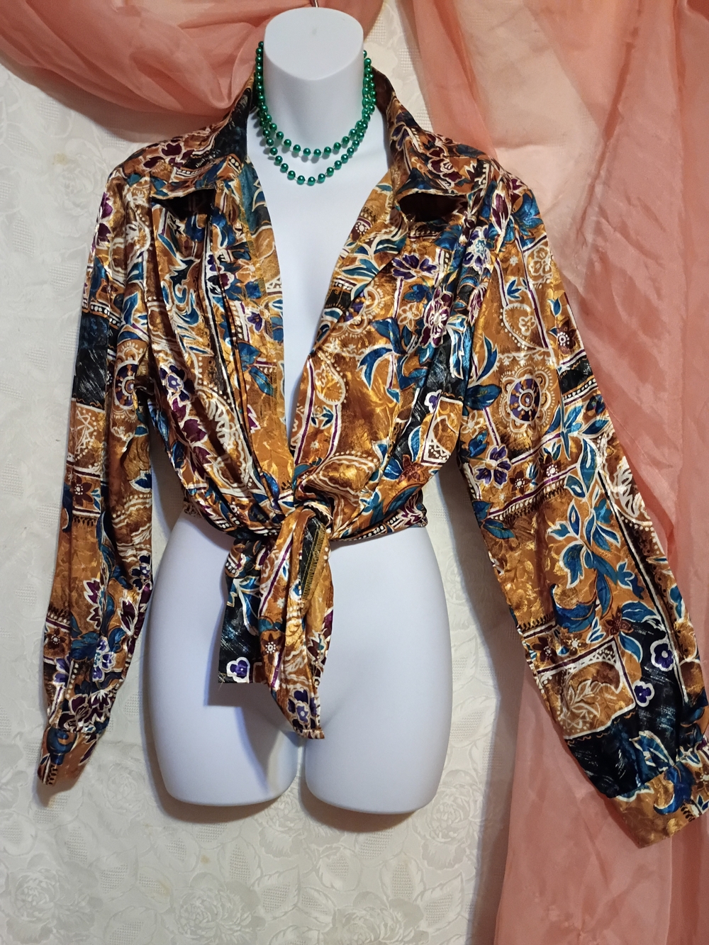 Ladies Tie-Front Button Down Shirt in Mustard Floral Sz Lg